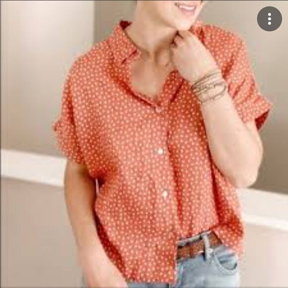 Rachel Zoe Orange Linen Polka Dot Short Sleeve Boxy Fit Button Down L - Picture 1 of 9